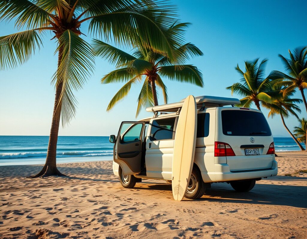 White minivan parked by a tropical beach with surfboards leaning on it