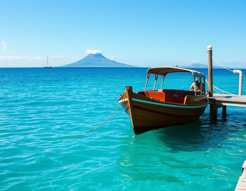 A wooden fast boat moored at a small harbour jetty – South Lombok