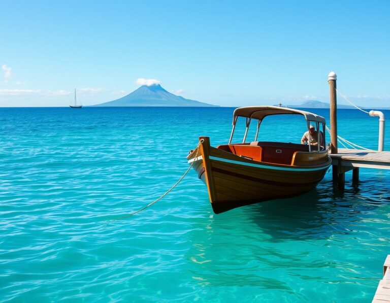 A wooden fast boat moored at a small harbour jetty – South Lombok