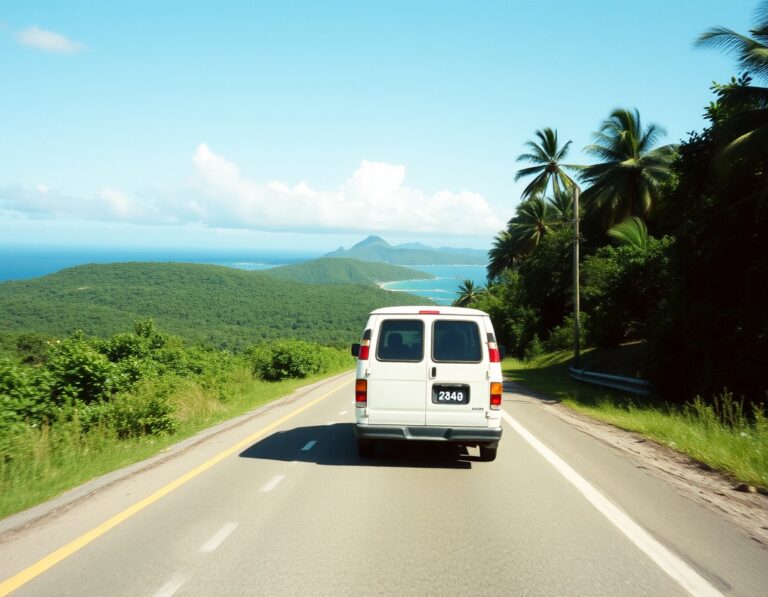 A quiet two-lane road through green hills towards the coast on a tropical island – South Lombok