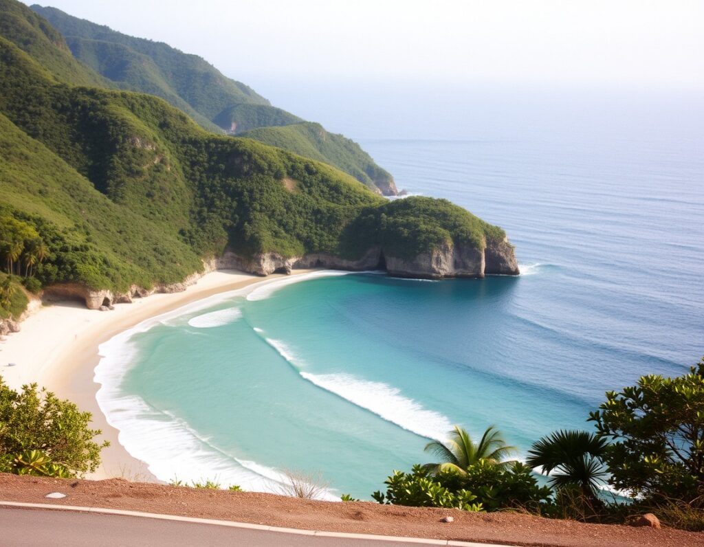 A horseshoe bay with gentle rolling waves and white sand seen from the road above – South Lombok