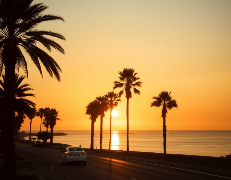 A coastal road at sunset with palm silhouettes and a calm bay – South Lombok