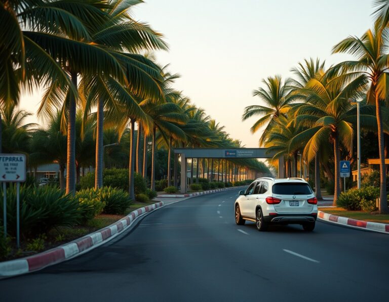 A small tropical airport access road lined with palms at golden hour – South Lombok