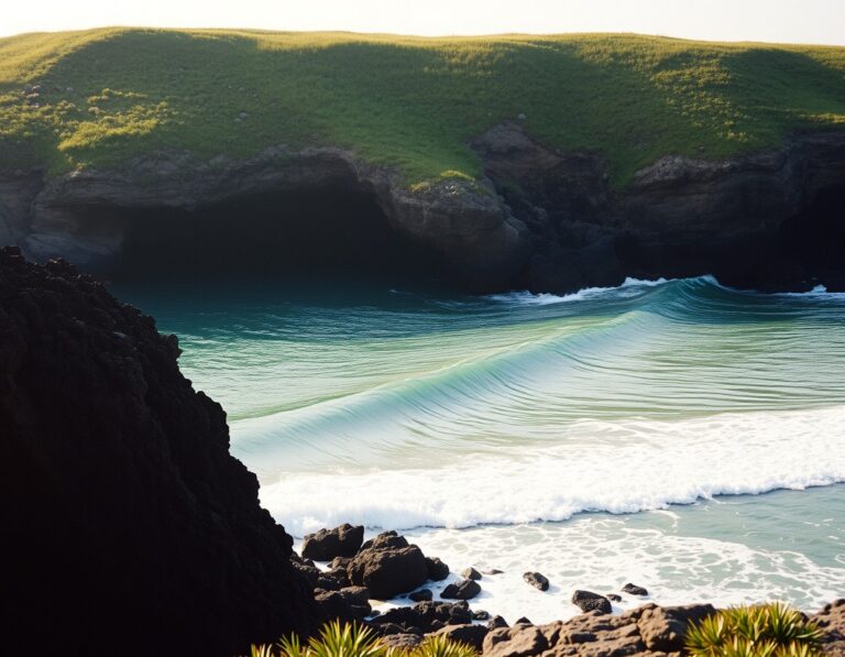 A rocky tropical bay with a clean right-hand wave peeling along a reef – South Lombok