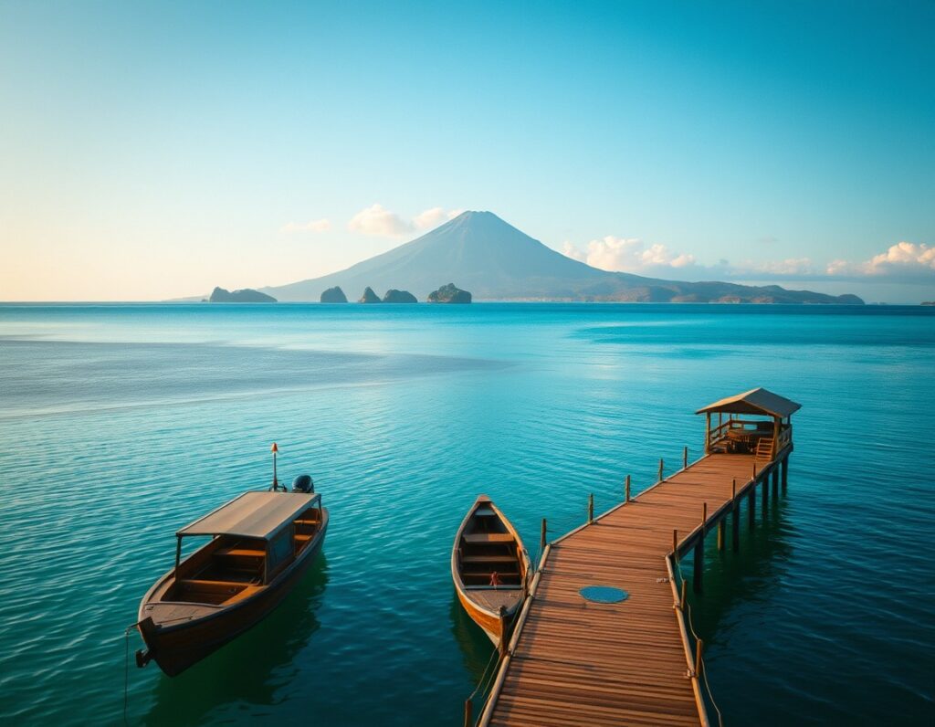 A small tropical harbour jetty with wooden public boats and a ticket hut – South Lombok