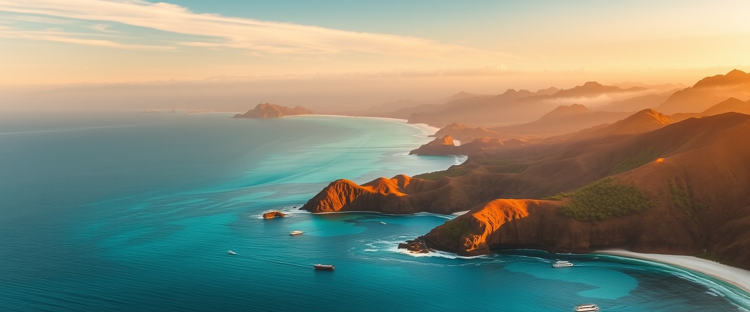 Panoramic view of a tropical coastline at golden hour with layered headlands – South Lombok