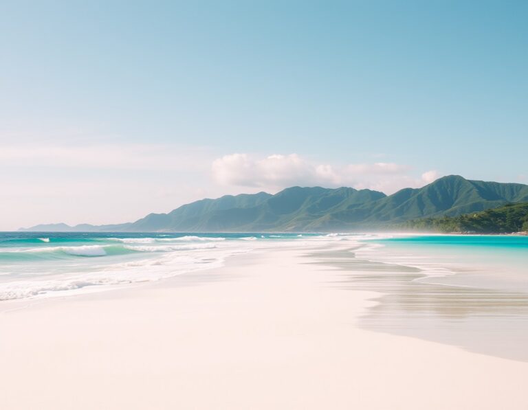 A long empty white sand beach with rolling turquoise waves and green hills – South Lombok