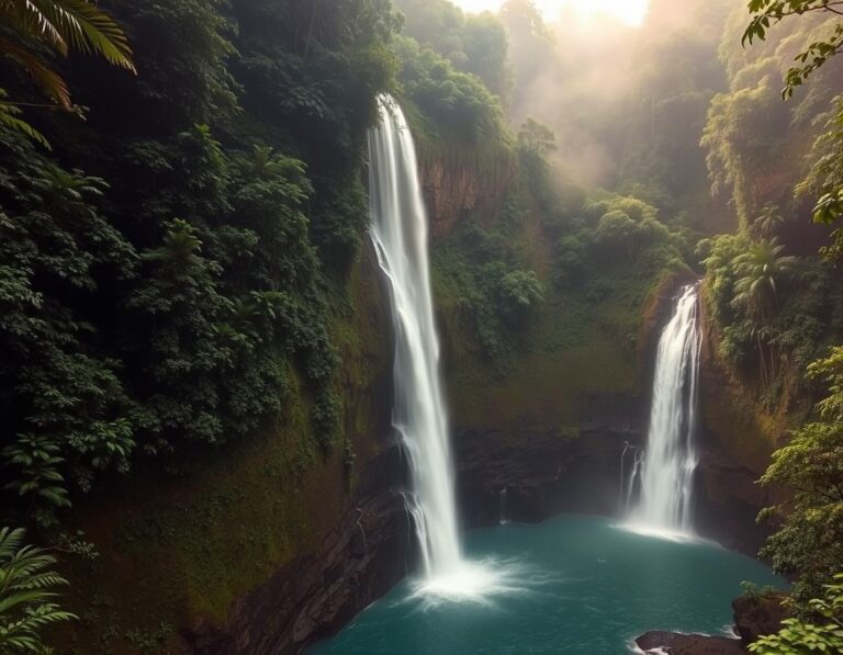 A tall jungle waterfall splitting into several white ribbons over dark rock into a turquoise pool – South Lombok