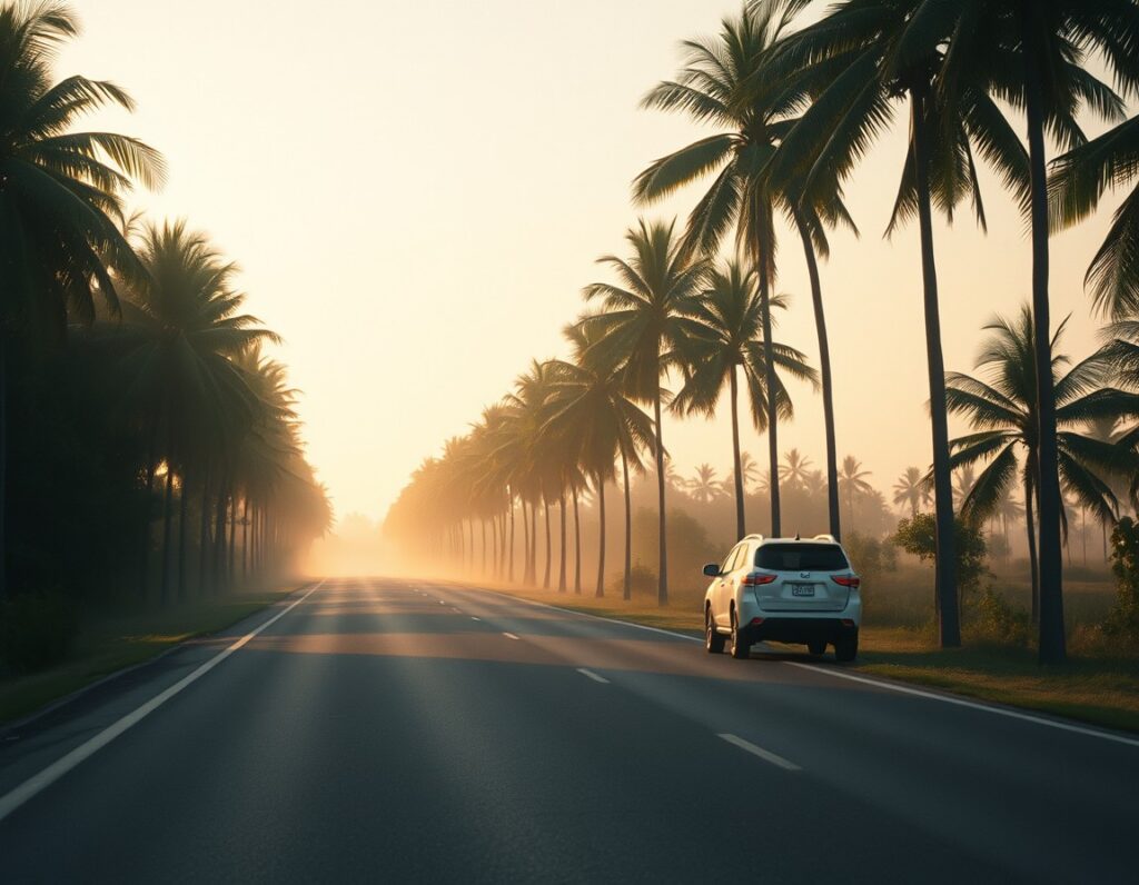 A quiet palm-lined tropical road at sunrise with mist – South Lombok