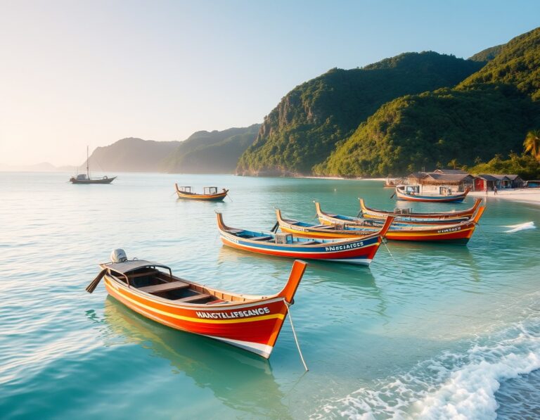 A calm turquoise bay with colourful wooden fishing boats and bamboo lobster farm huts – South Lombok