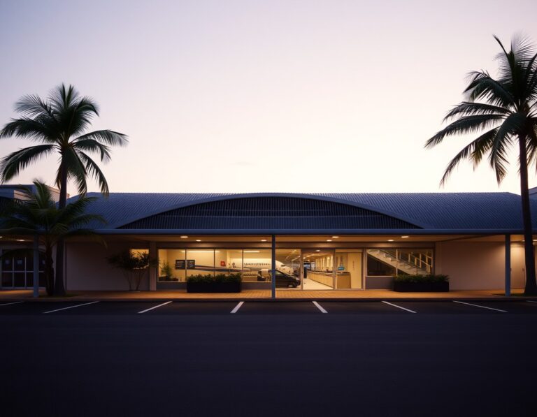 A modern small tropical airport terminal exterior with palms and a curved roof at dusk – South Lombok