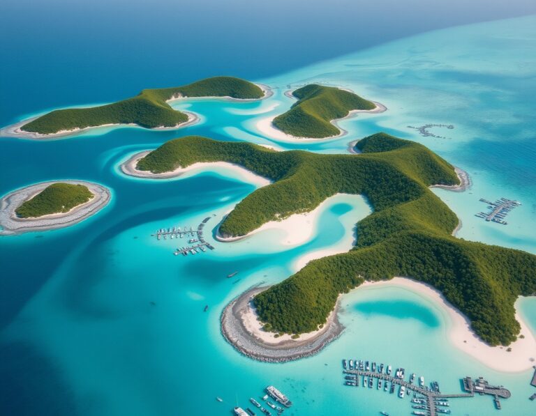 Aerial view of a string of small white sand bays separated by green headlands – South Lombok