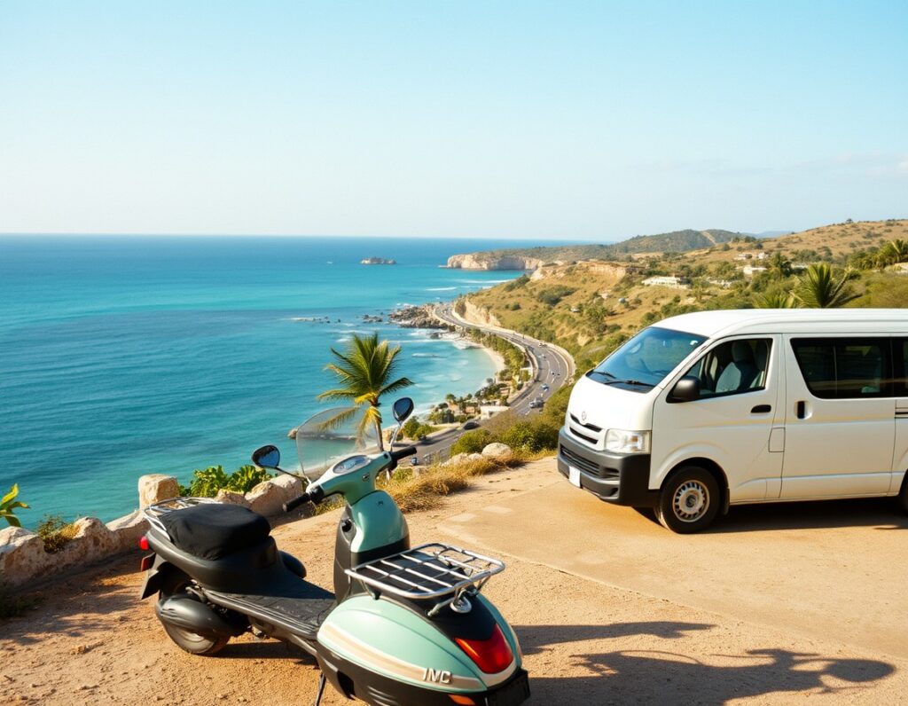 A scooter and a white minivan parked at a tropical beach lookout – South Lombok