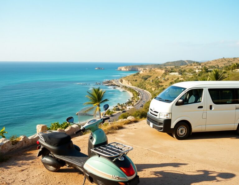 A scooter and a white minivan parked at a tropical beach lookout – South Lombok