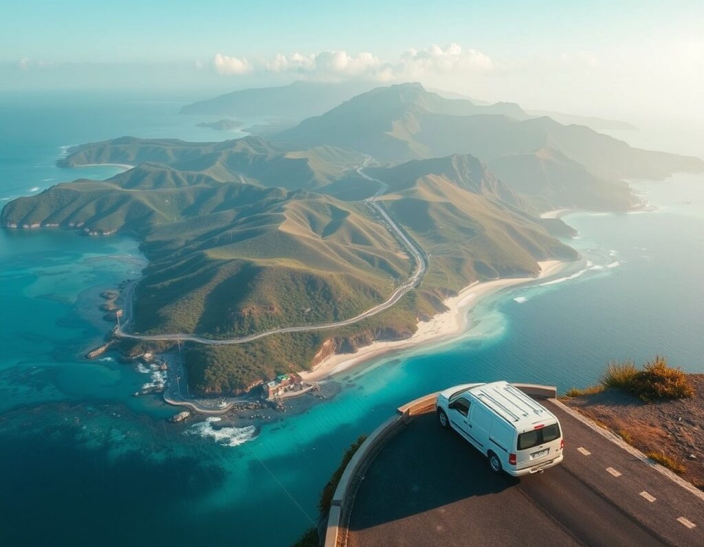 Coastal road above turquoise bays in South Lombok with a white minivan at a lookout