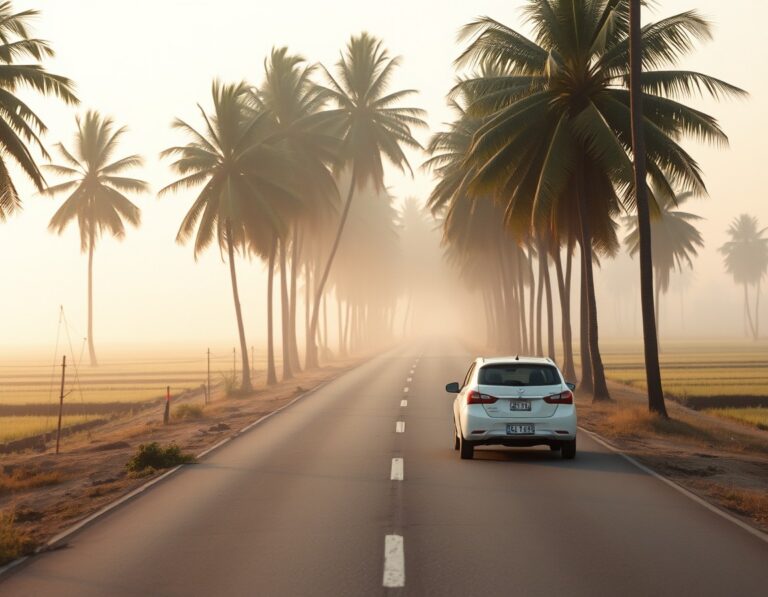 Early morning light on an empty tropical road with a white car – South Lombok