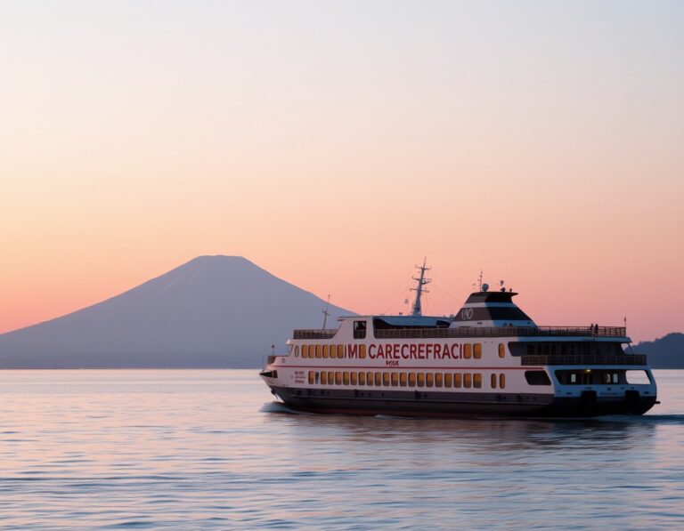 A large car ferry crossing a calm strait at sunrise with a volcano on the horizon – South Lombok