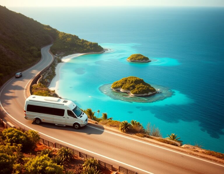 A white minivan on a coastal road curving above turquoise bays – South Lombok