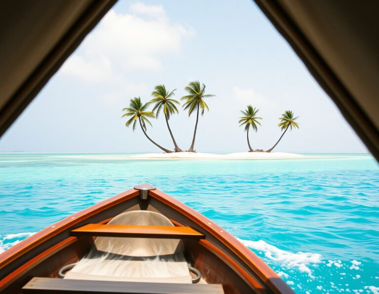A wooden speedboat crossing turquoise water towards three small flat islands with palms – South Lombok