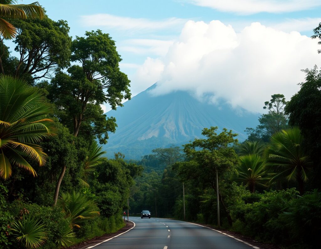 A mountain road through rainforest and clove trees climbing towards a volcano wrapped in cloud – South Lombok