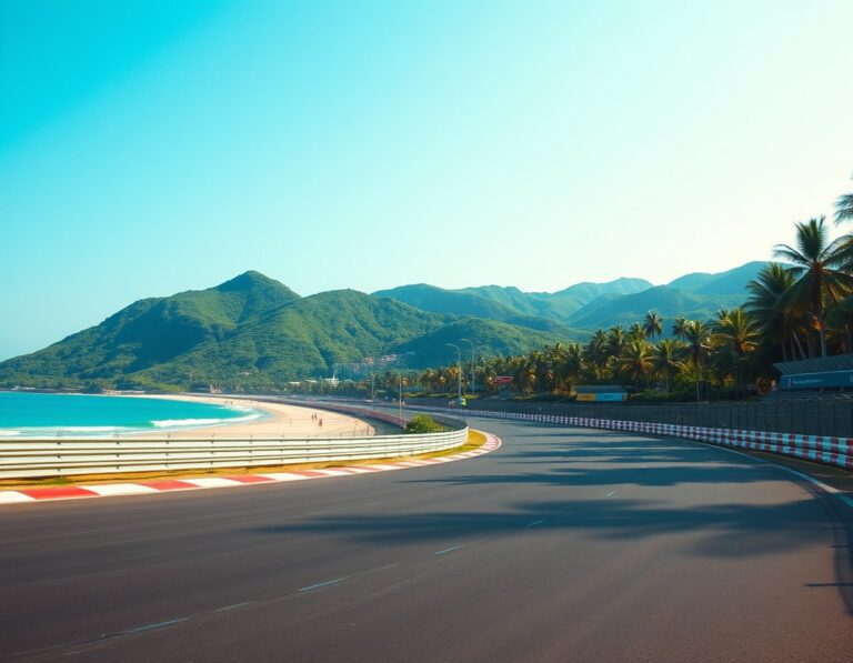 An empty smooth racing circuit tarmac curving beside a tropical beach with green hills behind – South Lombok