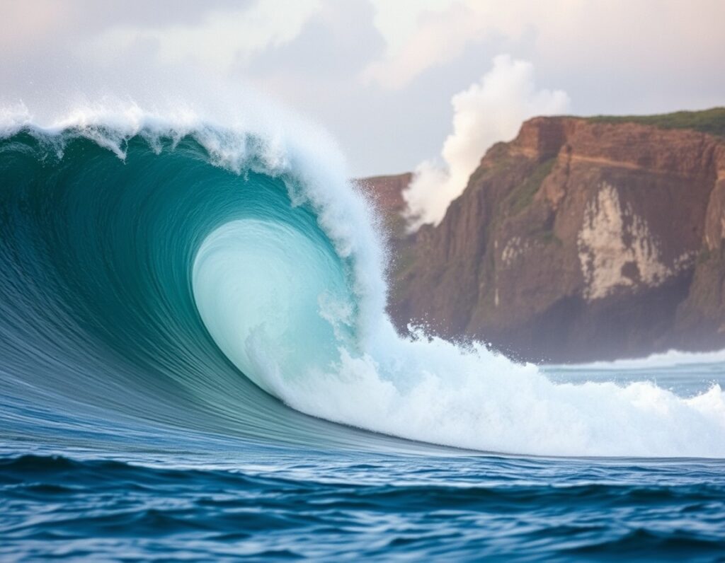 A powerful left-hand wave breaking over a reef with dramatic cliffs and offshore spray – South Lombok