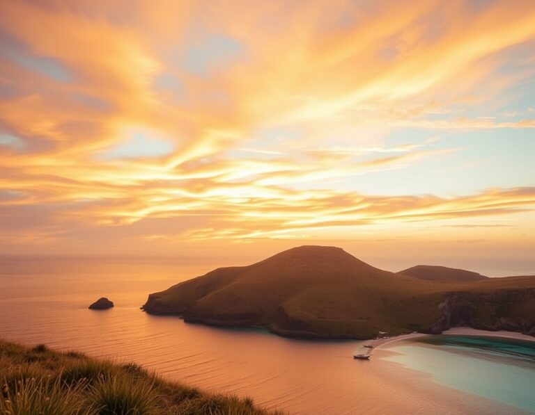 Grassy headland hills above the sea at sunset with a dramatic orange sky and small turquoise bays below – South Lombok