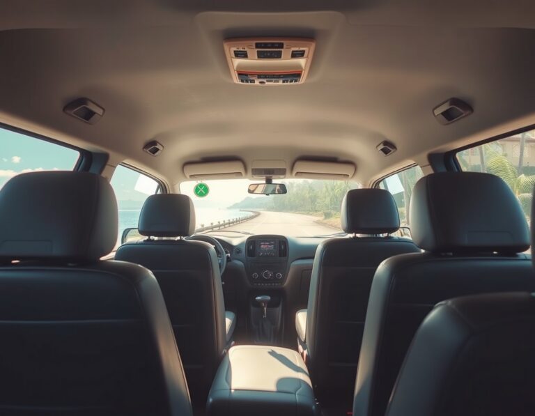 Interior of a clean modern minivan with grey leather seats and air conditioning vents – South Lombok