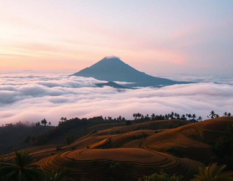 A large volcano rising above rice terraces and a sea of clouds at dawn – South Lombok