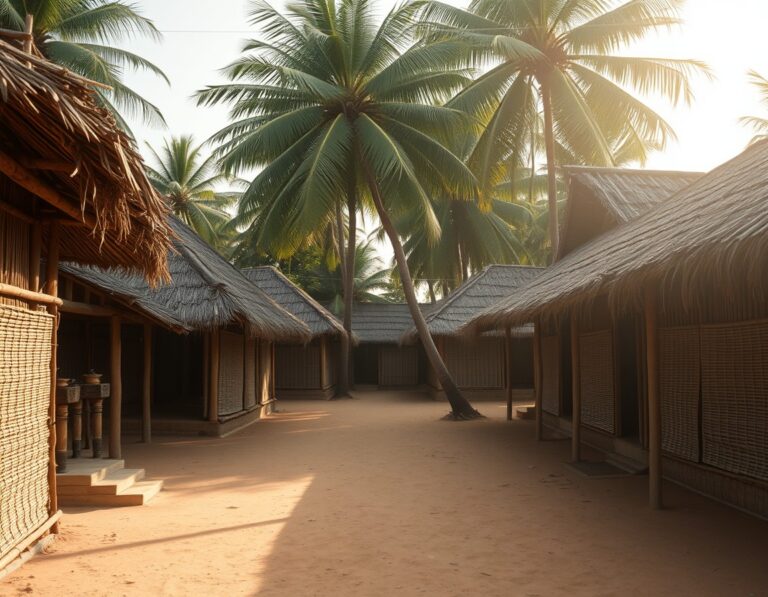 Traditional thatched-roof village houses with woven bamboo walls around a dusty courtyard – South Lombok