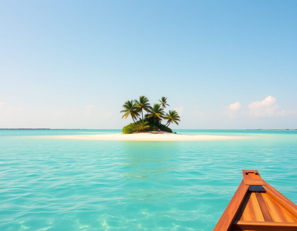 A tiny uninhabited sand island with a few palms in shallow turquoise water seen from a wooden boat – South Lombok