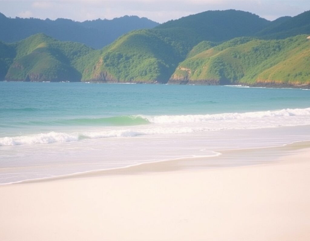 A wide horseshoe bay with gentle rolling waves peeling over sand – South Lombok