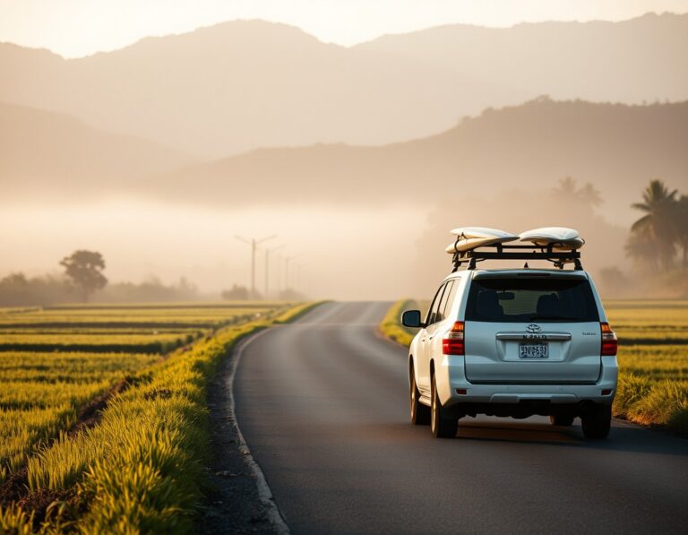 Early morning on a quiet road through rice fields and hills on a tropical island – South Lombok