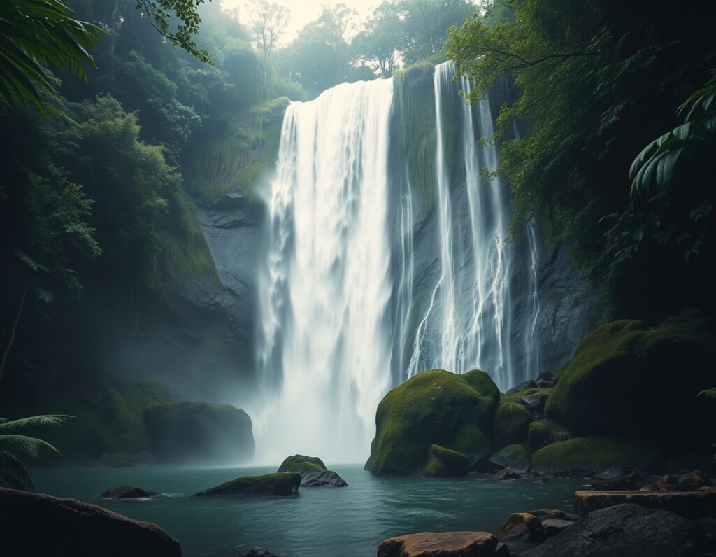 A huge rainforest waterfall thundering into a pool with heavy mist – South Lombok