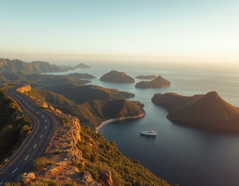 A clifftop road lookout over layered green headlands and calm bays with three small flat islands in the distance – South Lombok