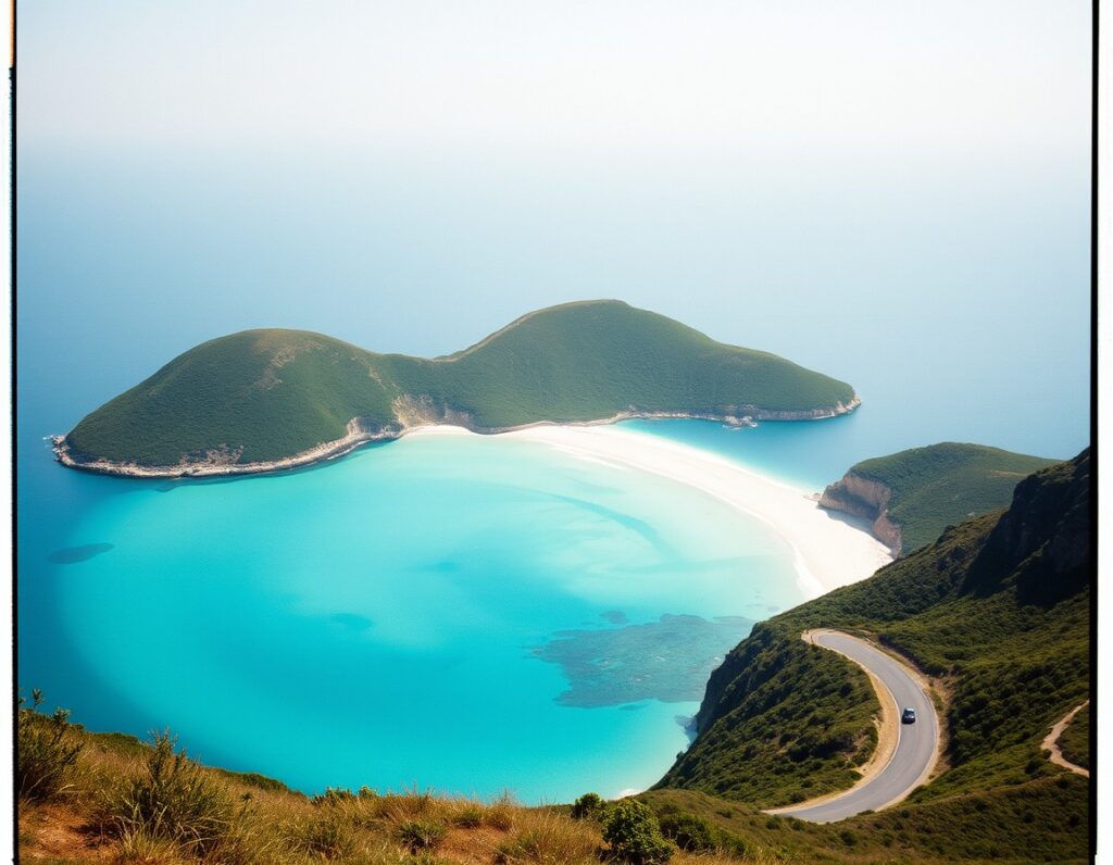 A wide crescent bay with turquoise water – South Lombok