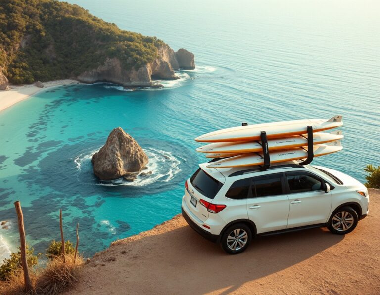 Surfboards strapped to the roof rack of a white car parked on a cliff above a turquoise reef break – South Lombok