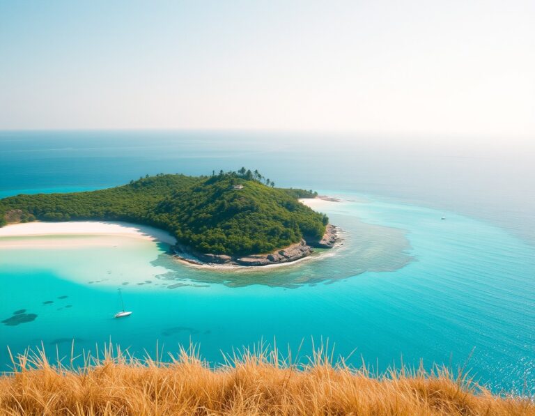 Sweeping view over two crescent white sand bays and turquoise water from a grassy headland – South Lombok